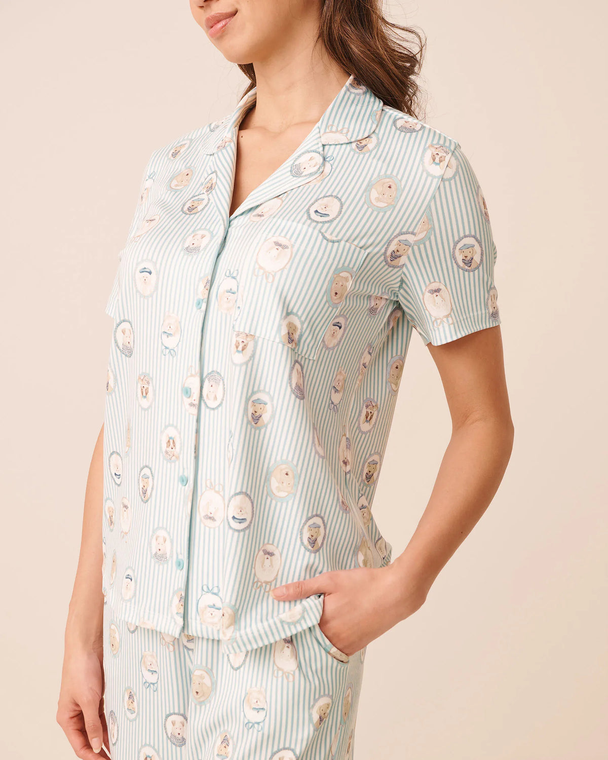 La Vie en Rose Snow White Dog Medalions Women Super Soft Short Sleeve Button-Down Shirt SKU: 40100881_P10638 Image 03
