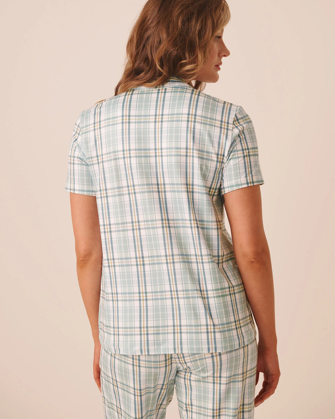 La Vie en Rose Sterling Blue Plaid Women Super Soft Short Sleeve Button-Down Shirt SKU: 40100881_P40616 Image 02