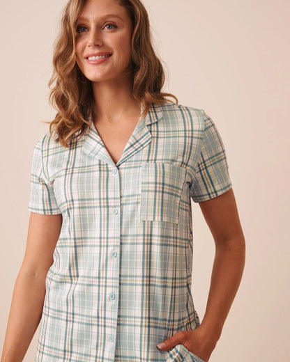 La Vie en Rose Sterling Blue Plaid Women Super Soft Short Sleeve Button-Down Shirt SKU: 40100881_P40616 Image 03