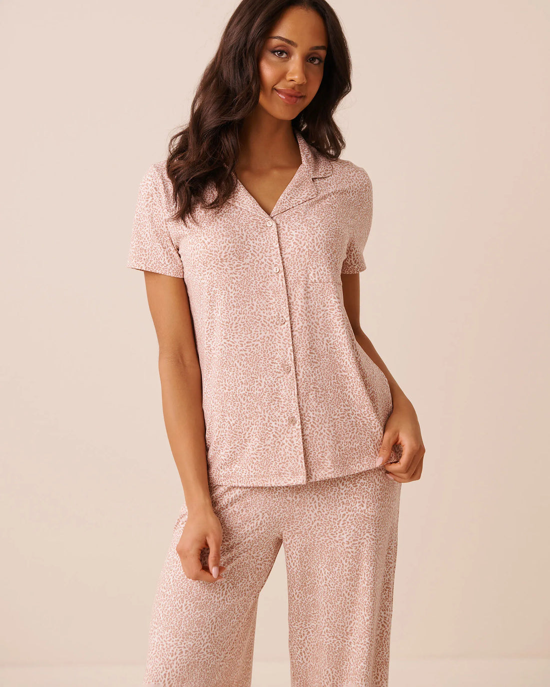 La Vie en Rose Snow White Leopard Women Leopard Print Super Soft Short Sleeve Button-Down SKU: 40100882_P10635 Image 01