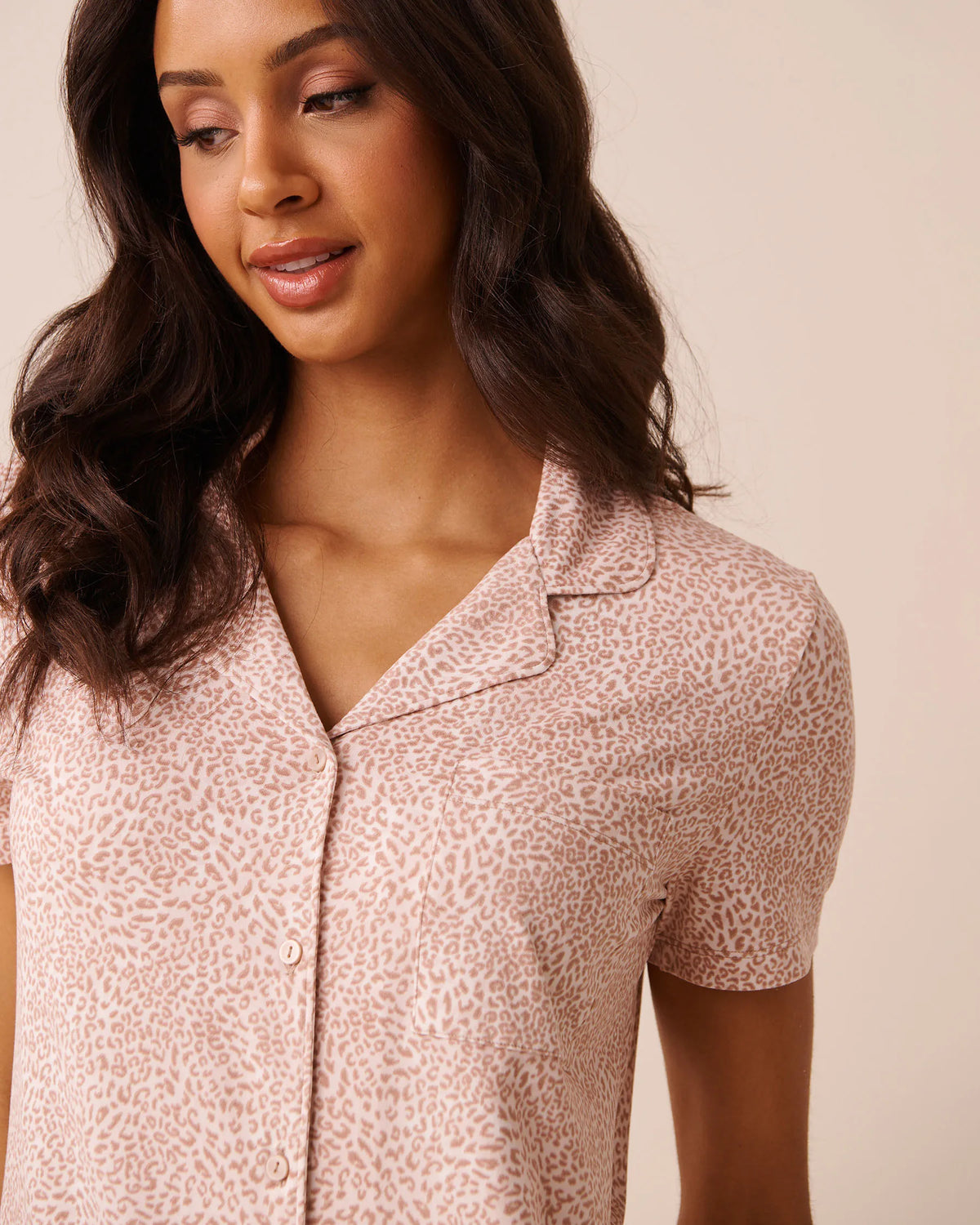La Vie en Rose Snow White Leopard Women Leopard Print Super Soft Short Sleeve Button-Down SKU: 40100882_P10635 Image 03