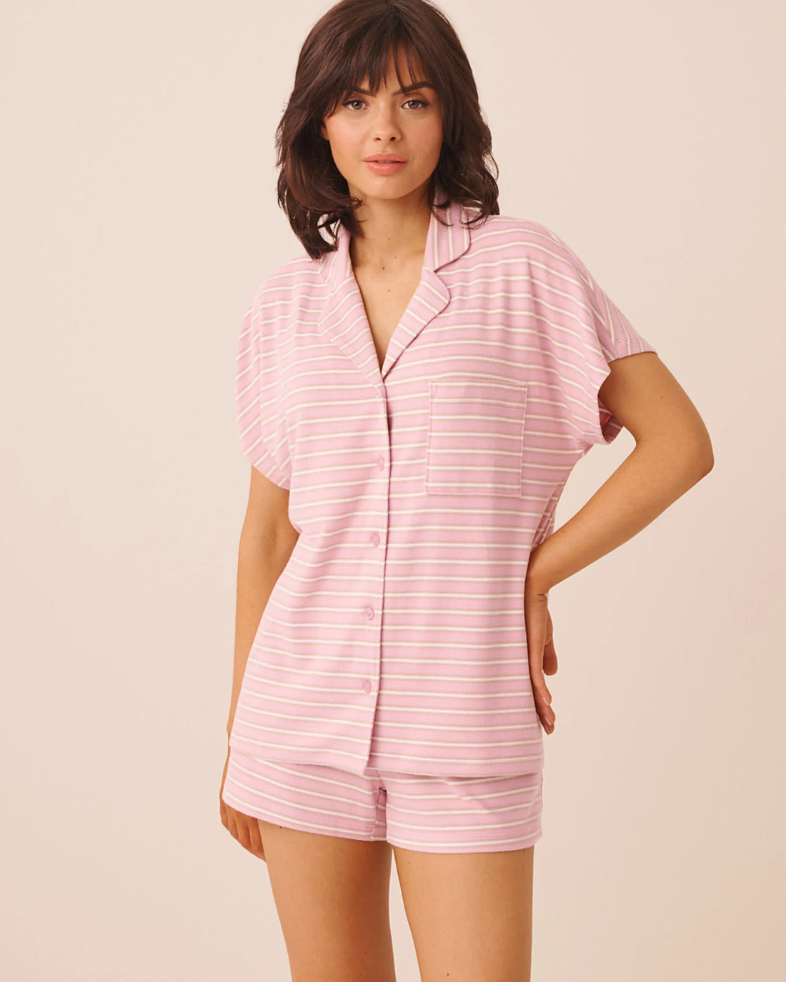 La Vie en Rose Pink Nectar Stripe Women Striped Soft Knit Short Sleeve Button-Down Shirt SKU: 40100884_P60514 Image 01