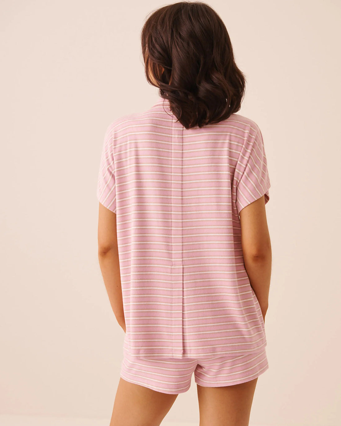 La Vie en Rose Pink Nectar Stripe Women Striped Soft Knit Short Sleeve Button-Down Shirt SKU: 40100884_P60514 Image 02