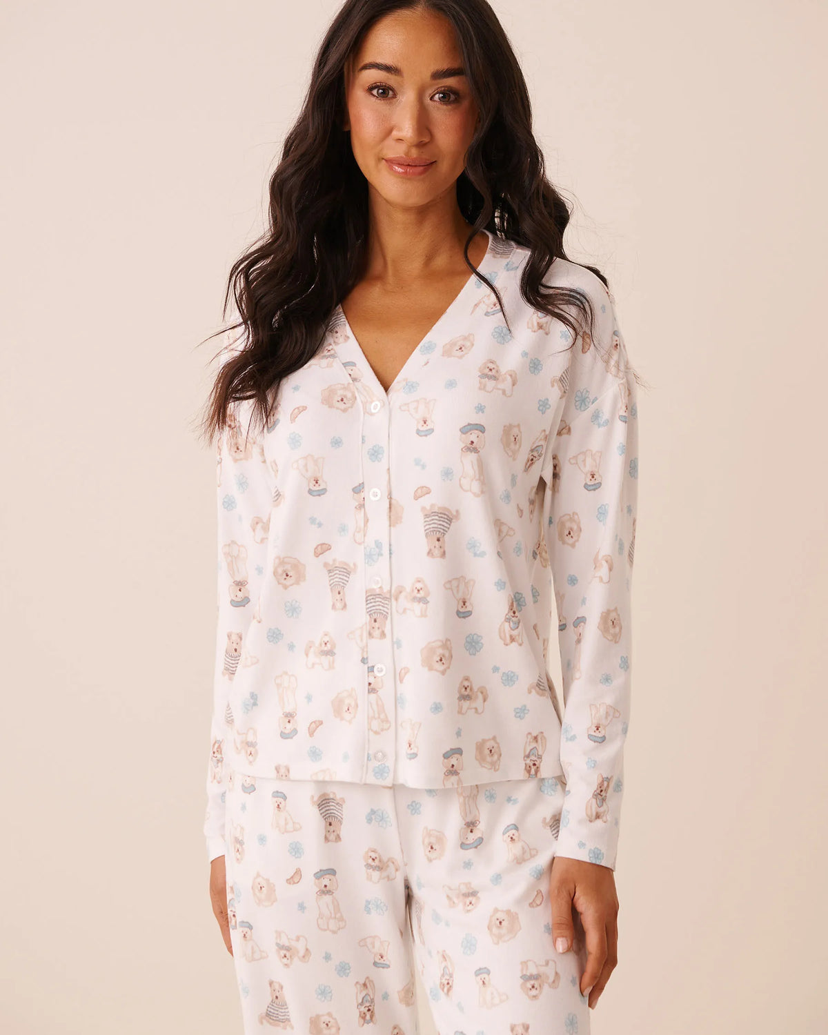 La Vie en Rose Snow White Paris Dogs Women Dog Print Soft Knit Long Sleeve Button-Down Top SKU: 40100886_P10639 Image 02