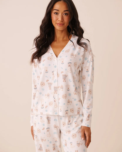 La Vie en Rose Snow White Paris Dogs Women Dog Print Soft Knit Long Sleeve Button-Down Top SKU: 40100886_P10639 Image 02