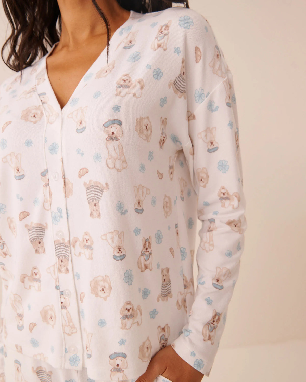 La Vie en Rose Snow White Paris Dogs Women Dog Print Soft Knit Long Sleeve Button-Down Top SKU: 40100886_P10639 Image 04