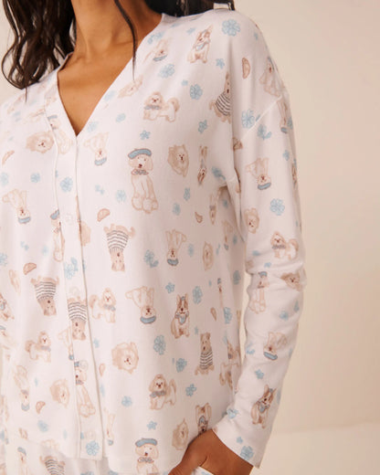 La Vie en Rose Snow White Paris Dogs Women Dog Print Soft Knit Long Sleeve Button-Down Top SKU: 40100886_P10639 Image 04