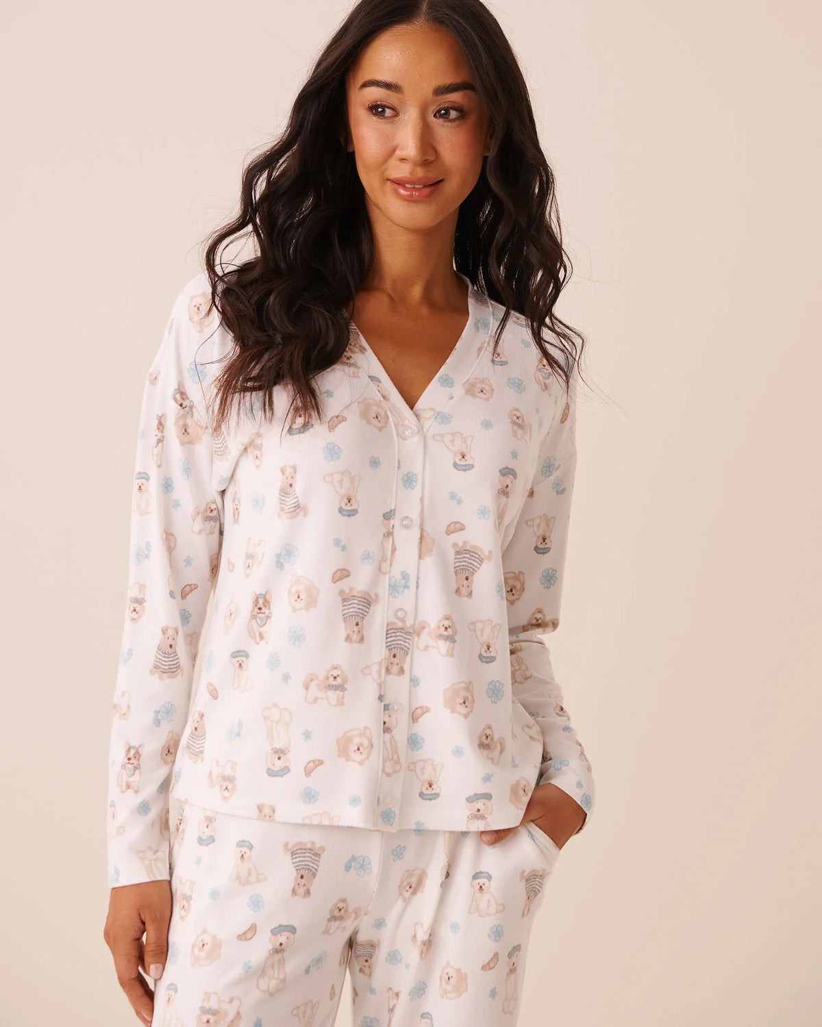 La Vie en Rose Snow White Paris Dogs Women Dog Print Soft Knit Long Sleeve Button-Down Top SKU: 40100886_P10639 Image 05
