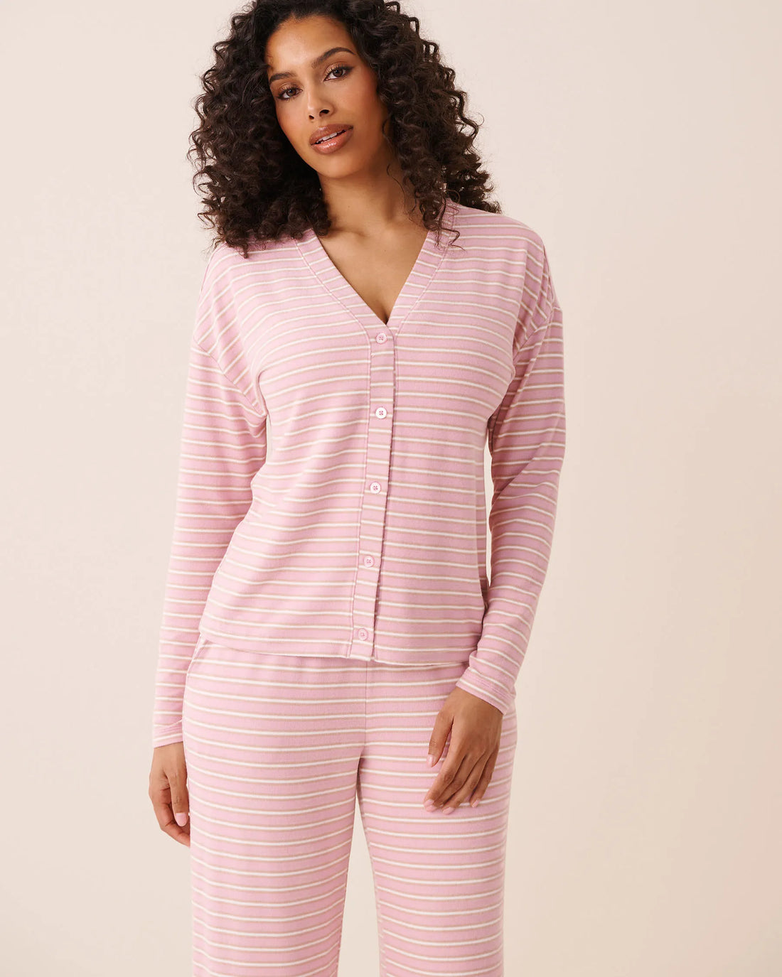 La Vie en Rose Pink Nectar Stripe Women Striped Soft Knit Long Sleeve Button-Down Top SKU: 40100886_P60514 Image 01