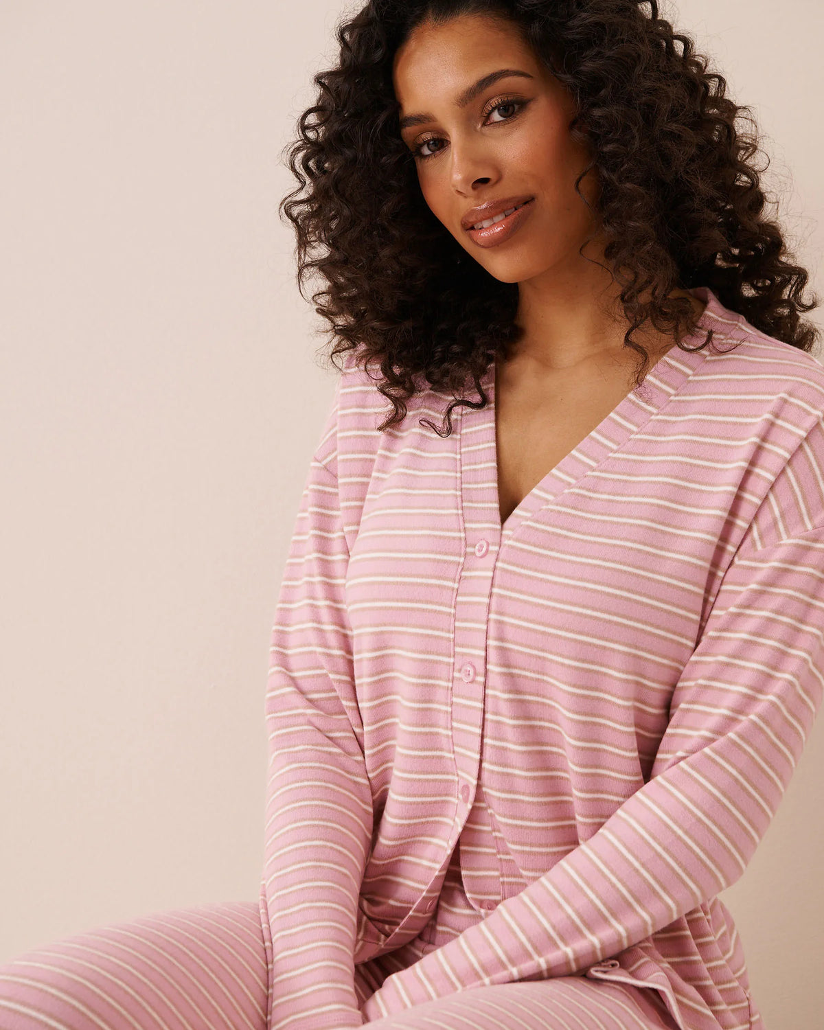 La Vie en Rose Pink Nectar Stripe Women Striped Soft Knit Long Sleeve Button-Down Top SKU: 40100886_P60514 Image 03
