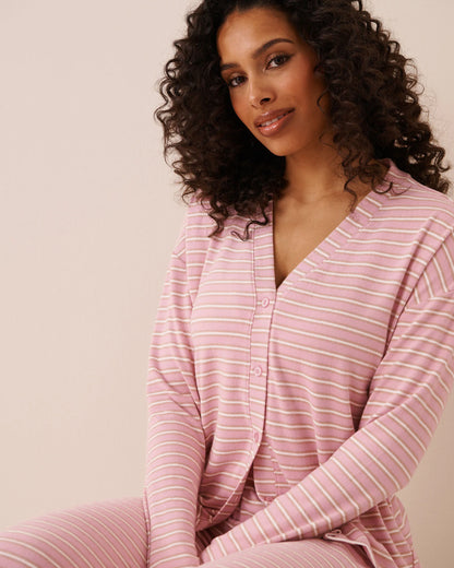 La Vie en Rose Pink Nectar Stripe Women Striped Soft Knit Long Sleeve Button-Down Top SKU: 40100886_P60514 Image 03