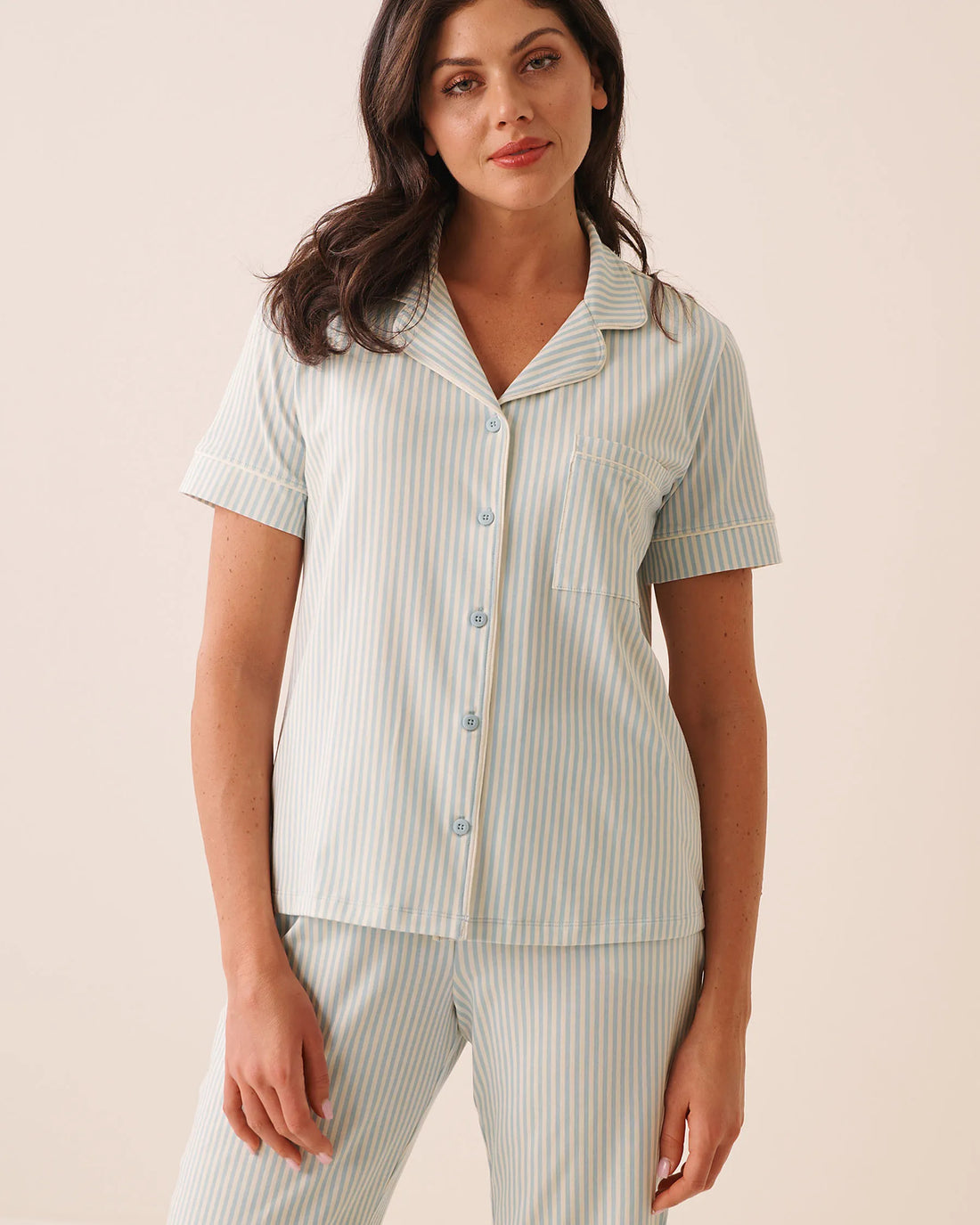 La Vie en Rose Sterling Blue Stripe Women Cotton Short Sleeve Button-Down Shirt SKU: 40100888_P40615 Image 01