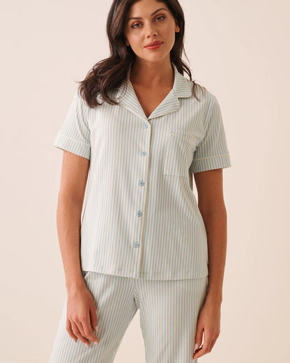 La Vie en Rose Sterling Blue Stripe Women Cotton Short Sleeve Button-Down Shirt SKU: 40100888_P40615 Image 01