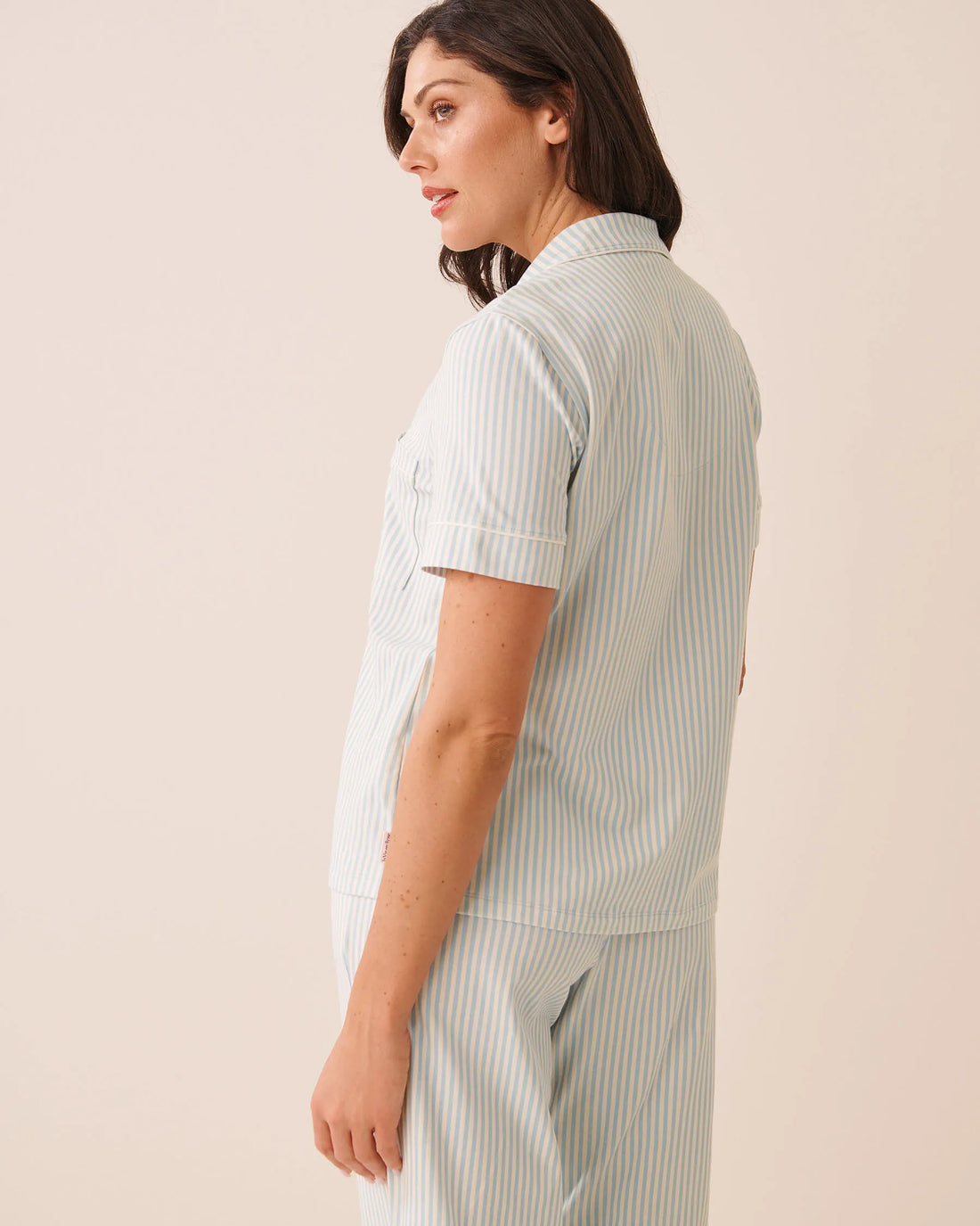 La Vie en Rose Sterling Blue Stripe Women Cotton Short Sleeve Button-Down Shirt SKU: 40100888_P40615 Image 02