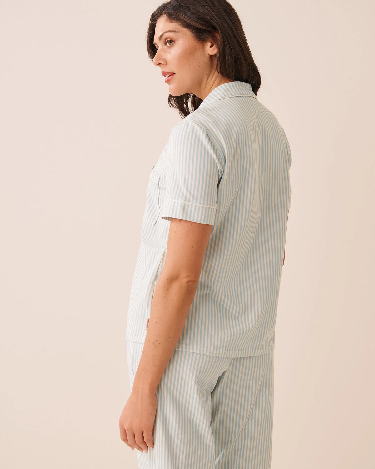 La Vie en Rose Sterling Blue Stripe Women Cotton Short Sleeve Button-Down Shirt SKU: 40100888_P40615 Image 02