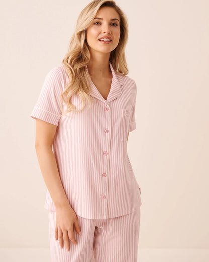 La Vie en Rose Pink Nectar Pinstripe Women Cotton Short Sleeve Button-Down Shirt SKU: 40100888_P50112 Image 01