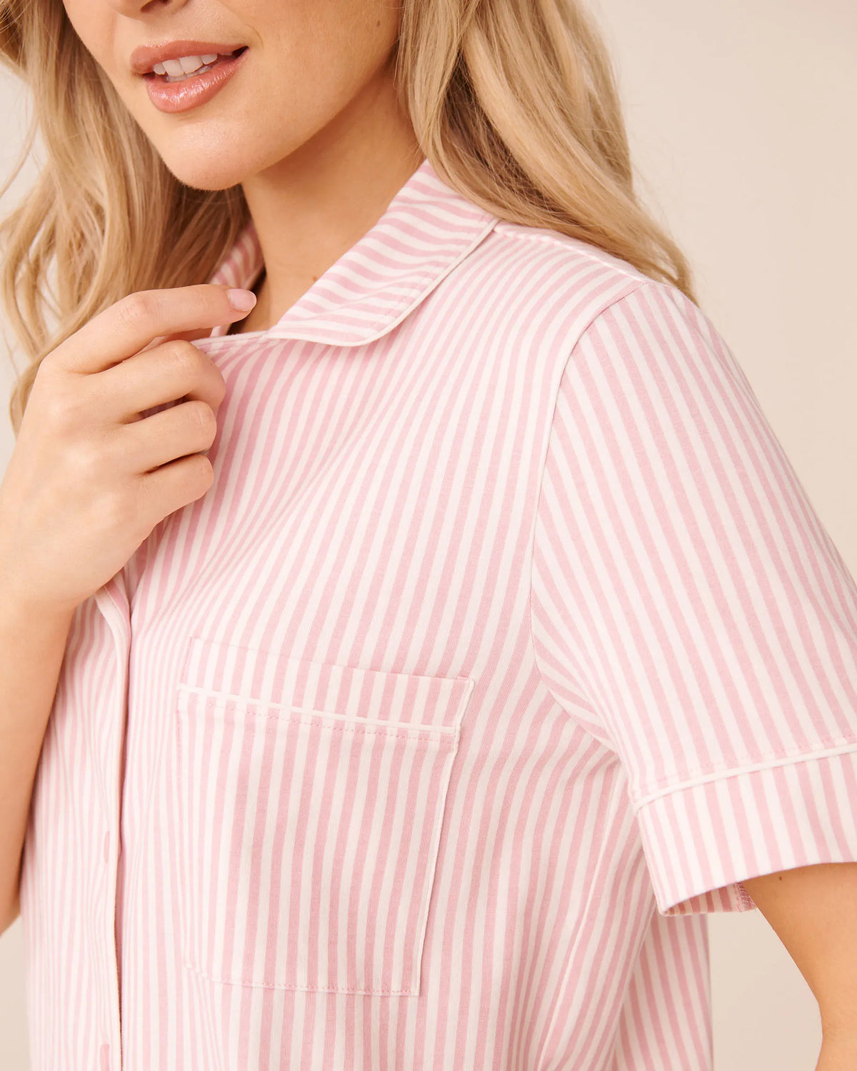 La Vie en Rose Pink Nectar Pinstripe Women Cotton Short Sleeve Button-Down Shirt SKU: 40100888_P50112 Image 03