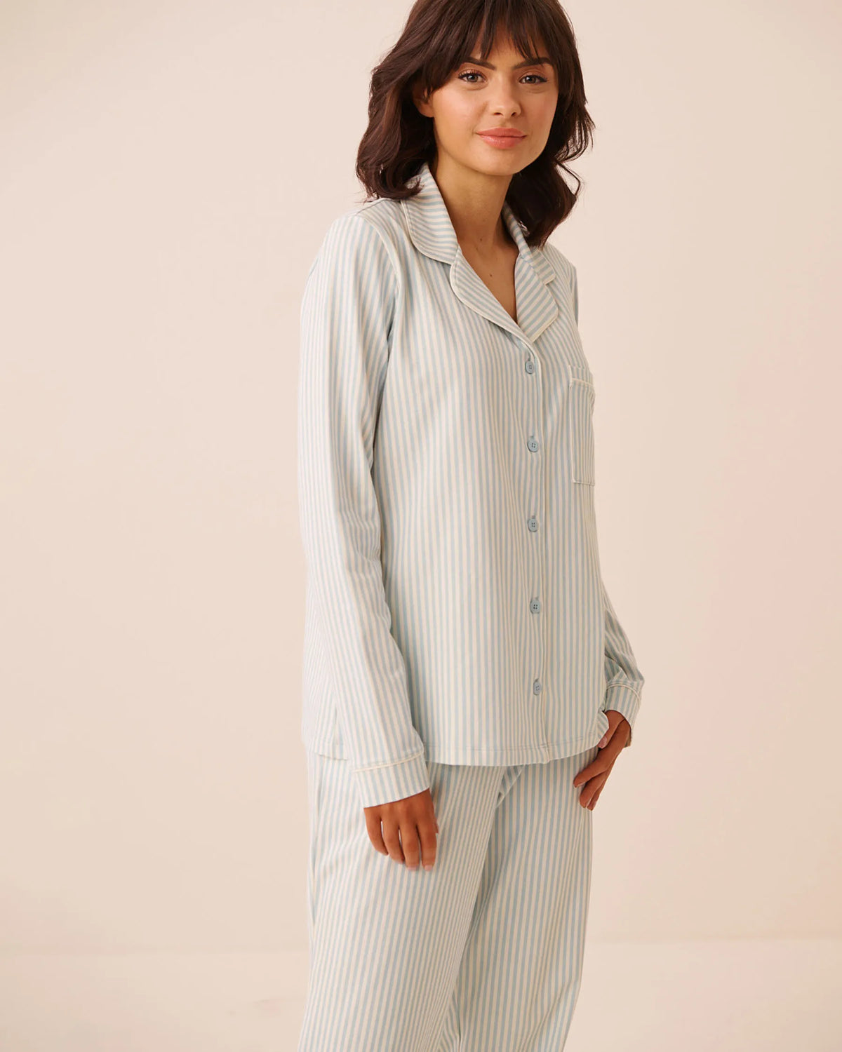 La Vie en Rose Sterling Blue Stripe Women Cotton Long Sleeve Button-Down Shirt SKU: 40100889_P40615 Image 01
