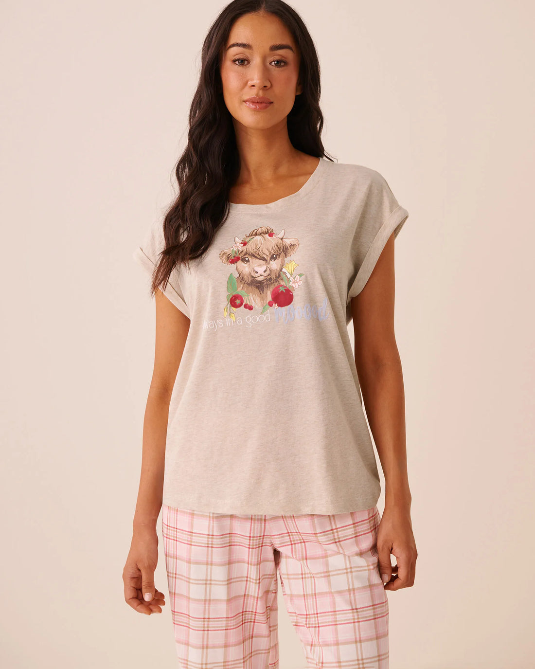 La Vie en Rose Brown Oatmeal Mix Women Highland Cow Print Cotton Short Sleeve T-Shirt SKU: 40100890_20070 Image 01