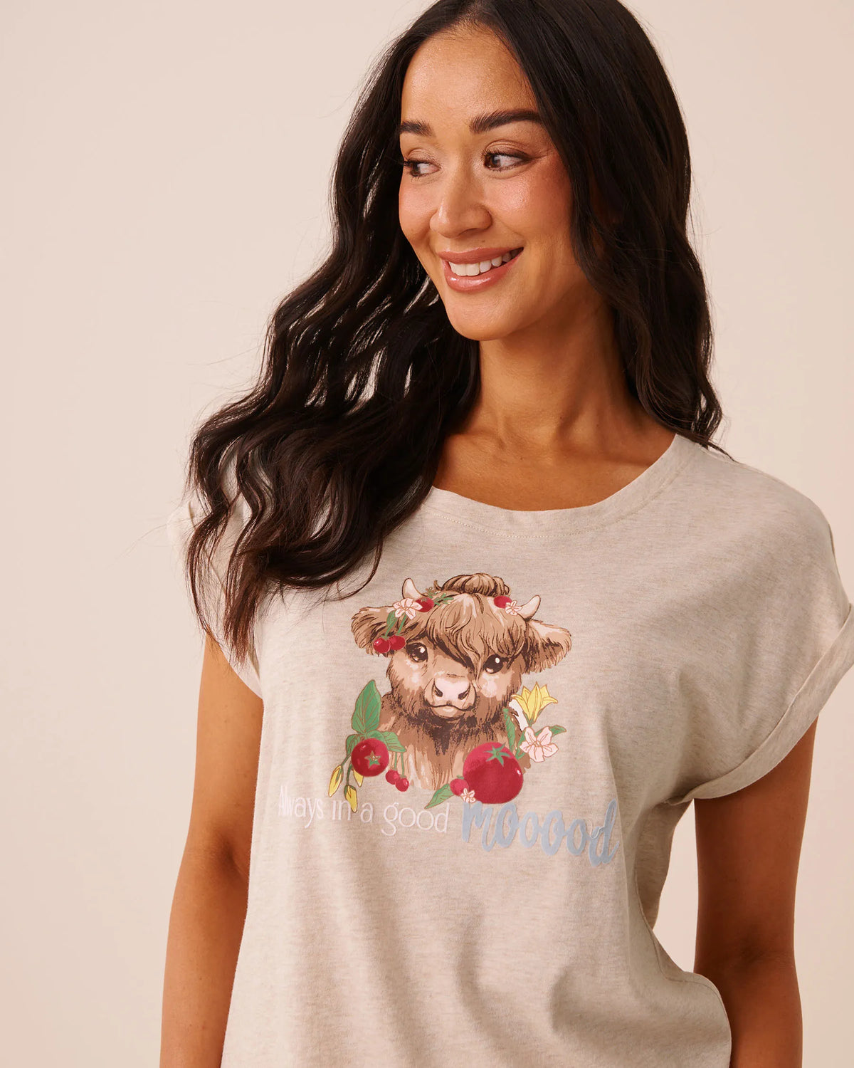 La Vie en Rose Brown Oatmeal Mix Women Highland Cow Print Cotton Short Sleeve T-Shirt SKU: 40100890_20070 Image 03