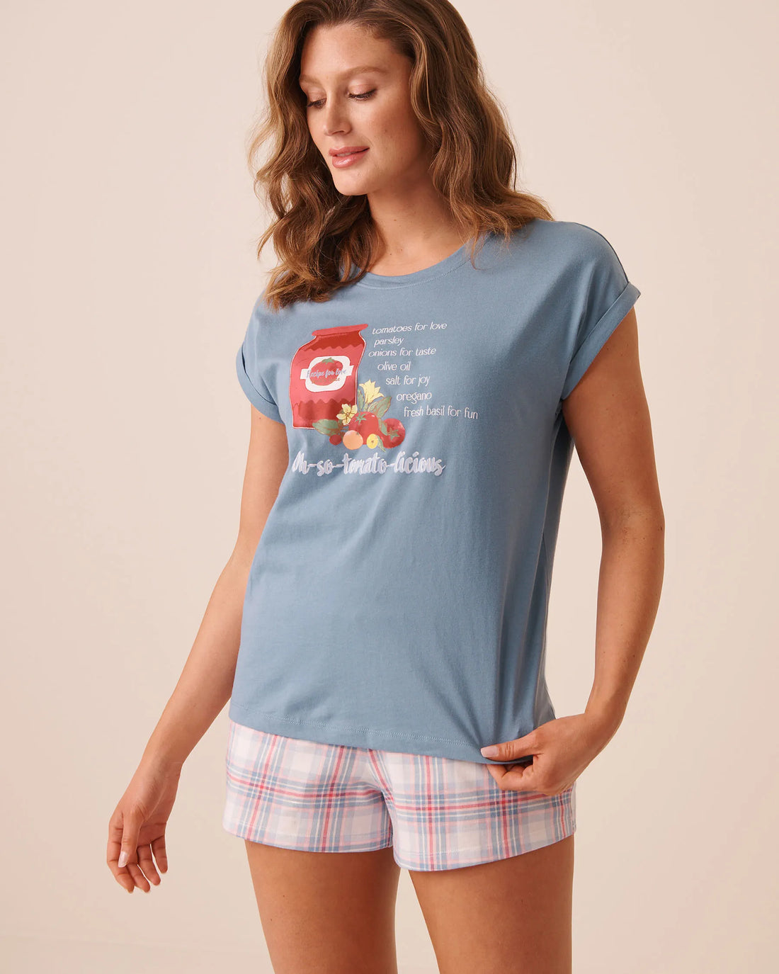 La Vie en Rose Blue Shadow Women Tomato Sauce Print Cotton Short Sleeve T-Shirt SKU: 40100890_40202 Image 01