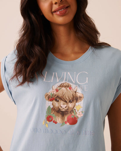 La Vie en Rose Subdued Blue Women Highland Cow Print Cotton Short Sleeve T-Shirt SKU: 40100890_40308 Image 03
