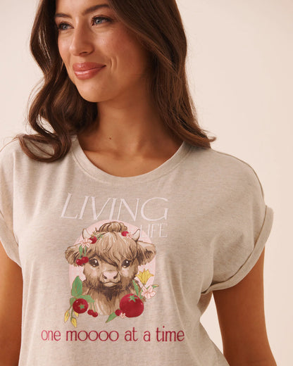 La Vie en Rose Brown Oatmeal Mix W/Screen Women Highland Cow Print Cotton Short Sleeve T-Shirt SKU: 40100890_P20104 Image 03