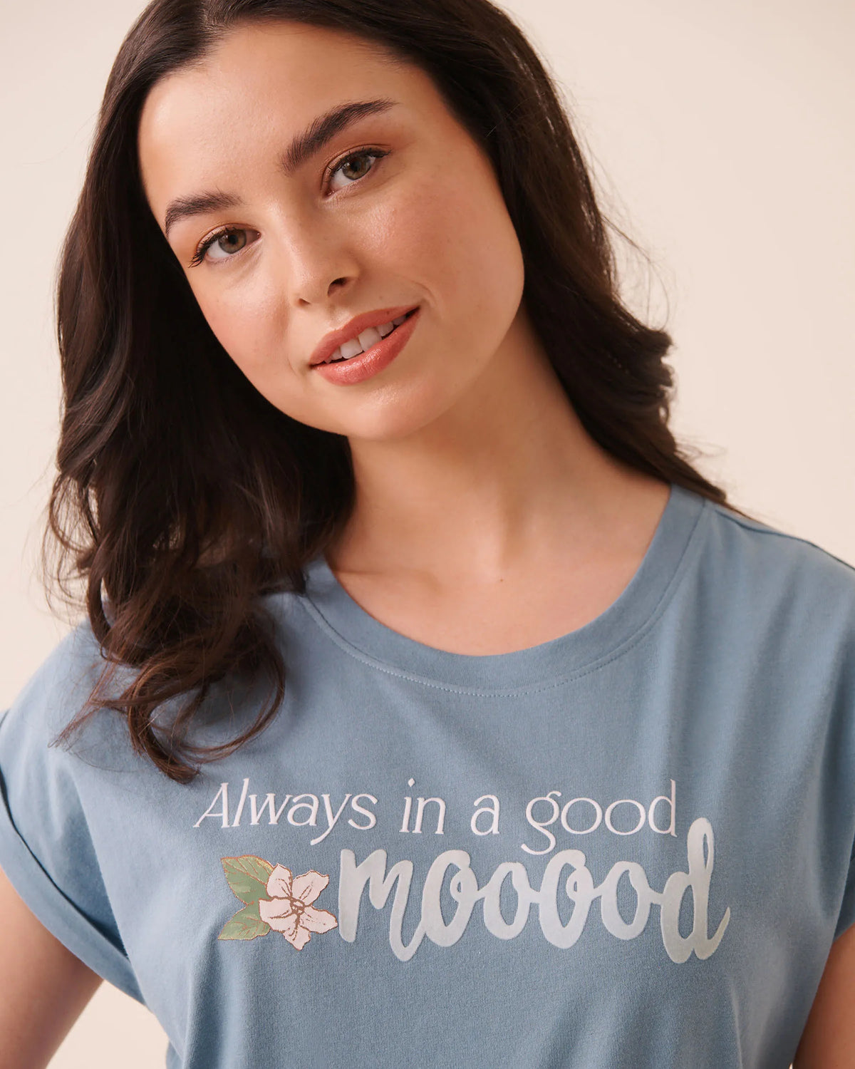 La Vie en Rose Blue Shadow W/Screen Women Always in a Good Mooood Print Cotton Short Sleeve T-Shirt SKU: 40100890_P40617 Image 03