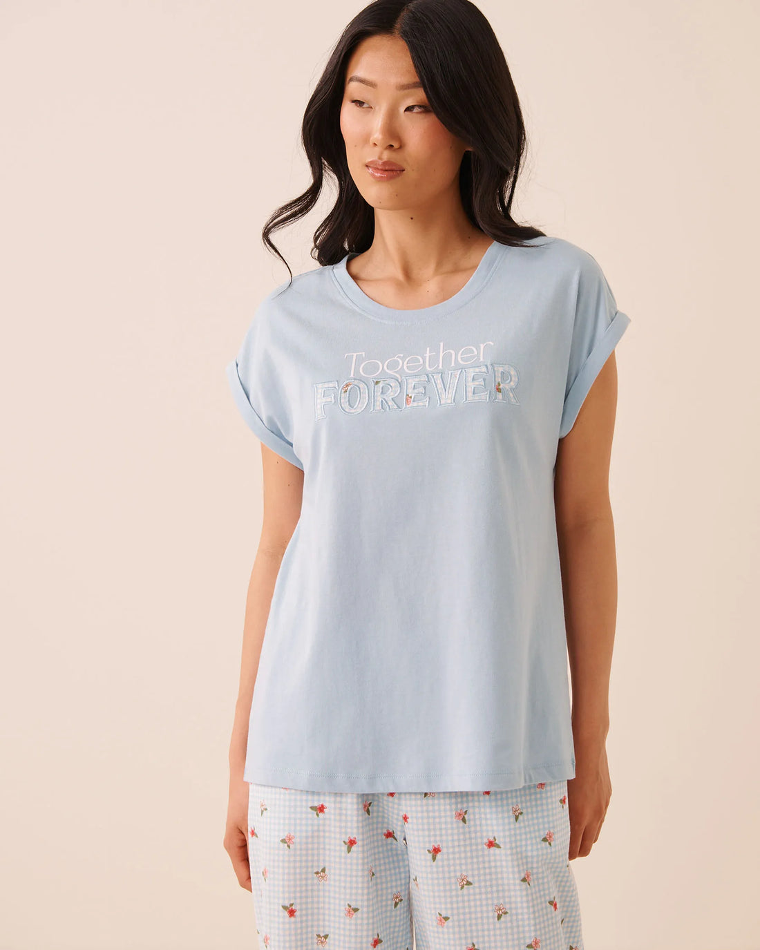 La Vie en Rose Subdued Blue W/Screen Women Together Forever Print Cotton Short Sleeve T-Shirt SKU: 40100890_P40618 Image 01
