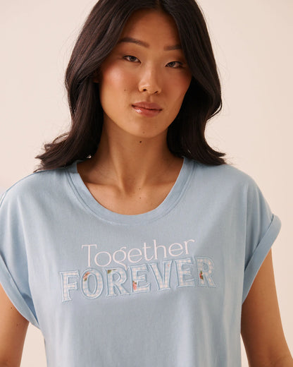 La Vie en Rose Subdued Blue W/Screen Women Together Forever Print Cotton Short Sleeve T-Shirt SKU: 40100890_P40618 Image 03