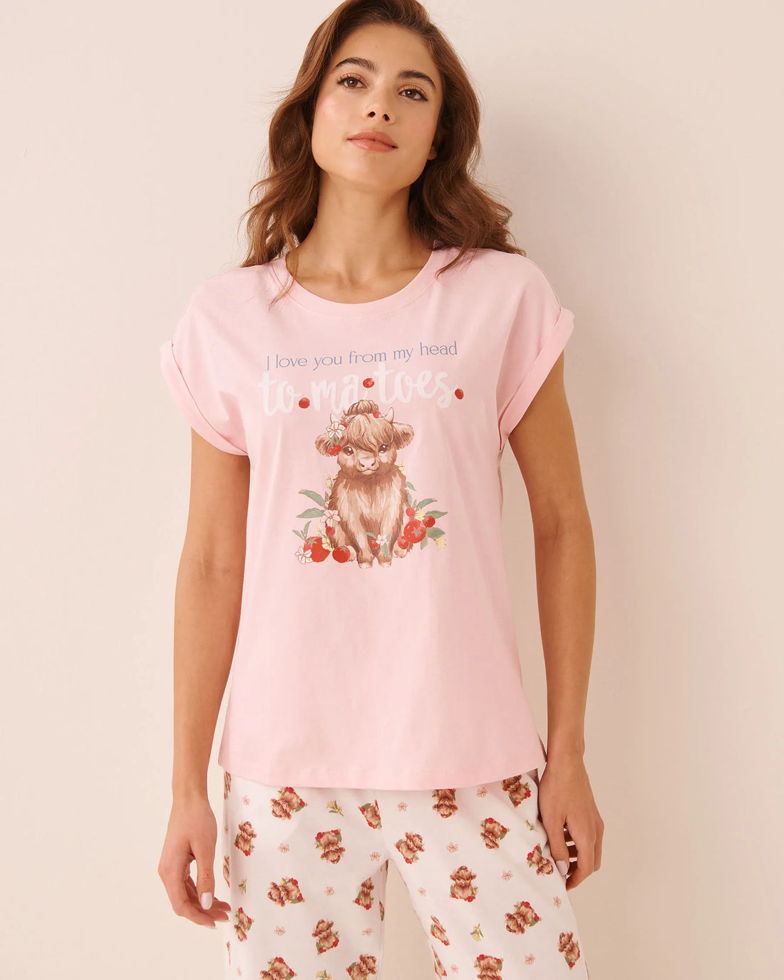 La Vie en Rose Crystal Rose W/Screen 2 Women Highland Cow Print Cotton Short Sleeve T-Shirt SKU: 40100890_P60516 Image 01