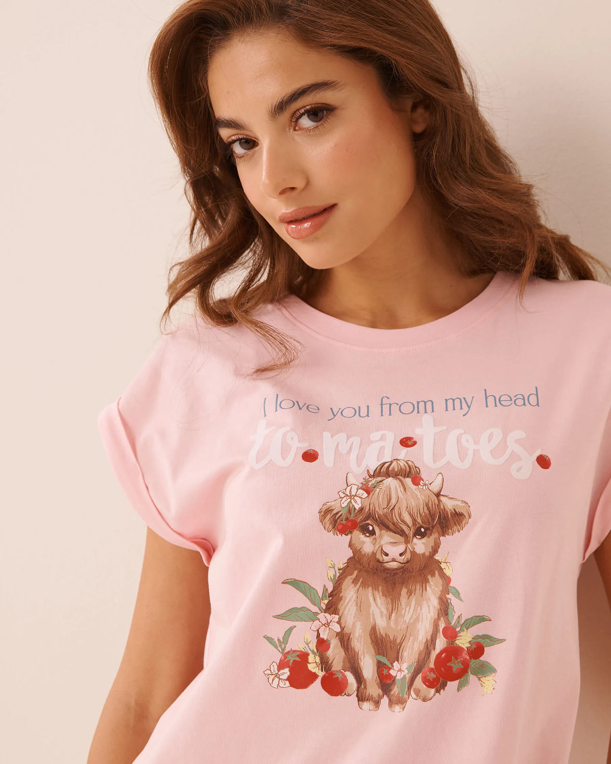 La Vie en Rose Crystal Rose W/Screen 2 Women Highland Cow Print Cotton Short Sleeve T-Shirt SKU: 40100890_P60516 Image 03