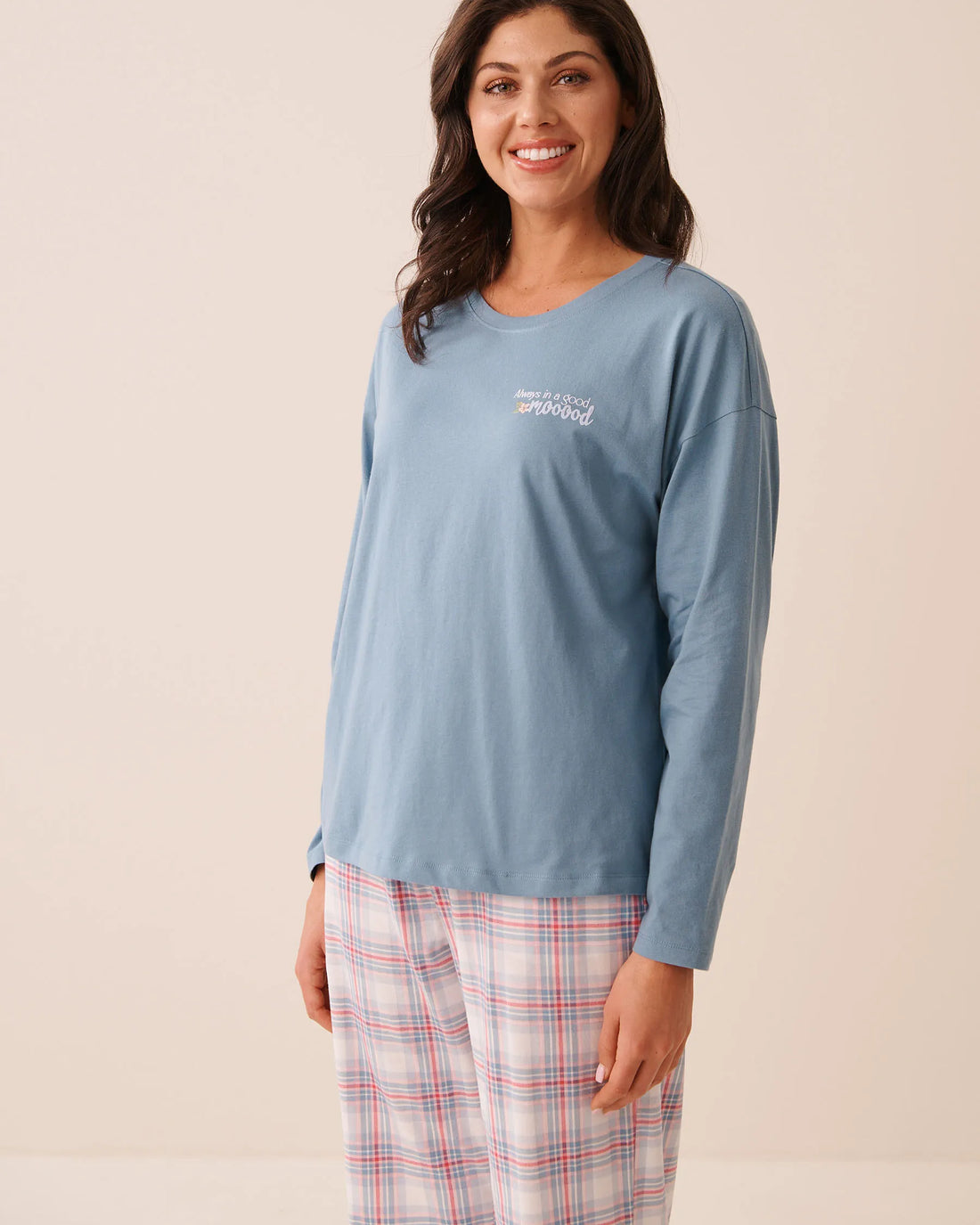 La Vie en Rose Blue Shadow Women Always in a Good Mooood Print Cotton Long Sleeve S SKU: 40100891_40202 Image 01
