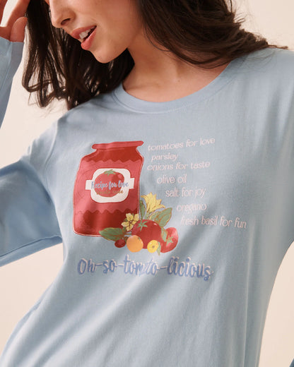 La Vie en Rose Subdued Blue Women Tomato Sauce Print Cotton Long Sleeve Shirt SKU: 40100891_40308 Image 03