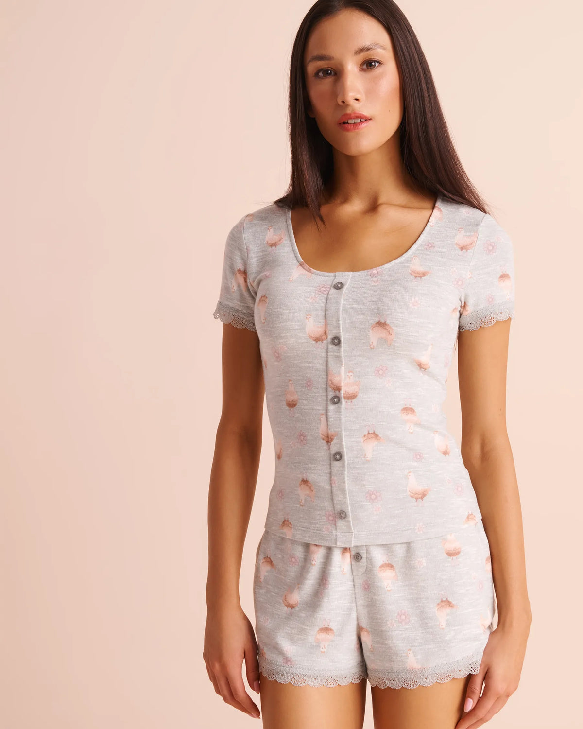 La Vie en Rose Belgium Block Printed Mix Women Chicken Print Lace-Trim Soft Knit Short Sleeve T-Shirt SKU: 40100895_P30166 Image 03
