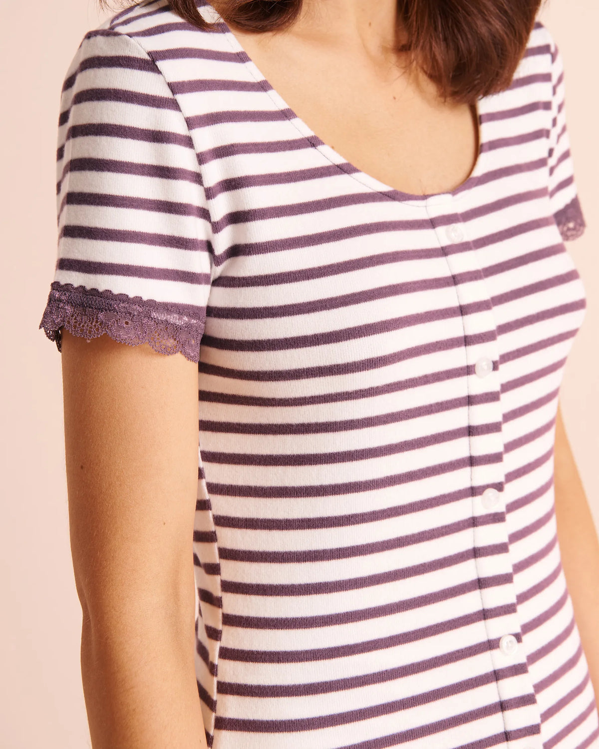 La Vie en Rose Black Plum Stripe Women Striped Lace-Trim Soft Knit Short Sleeve T-Shirt SKU: 40100895_P50120 Image 03