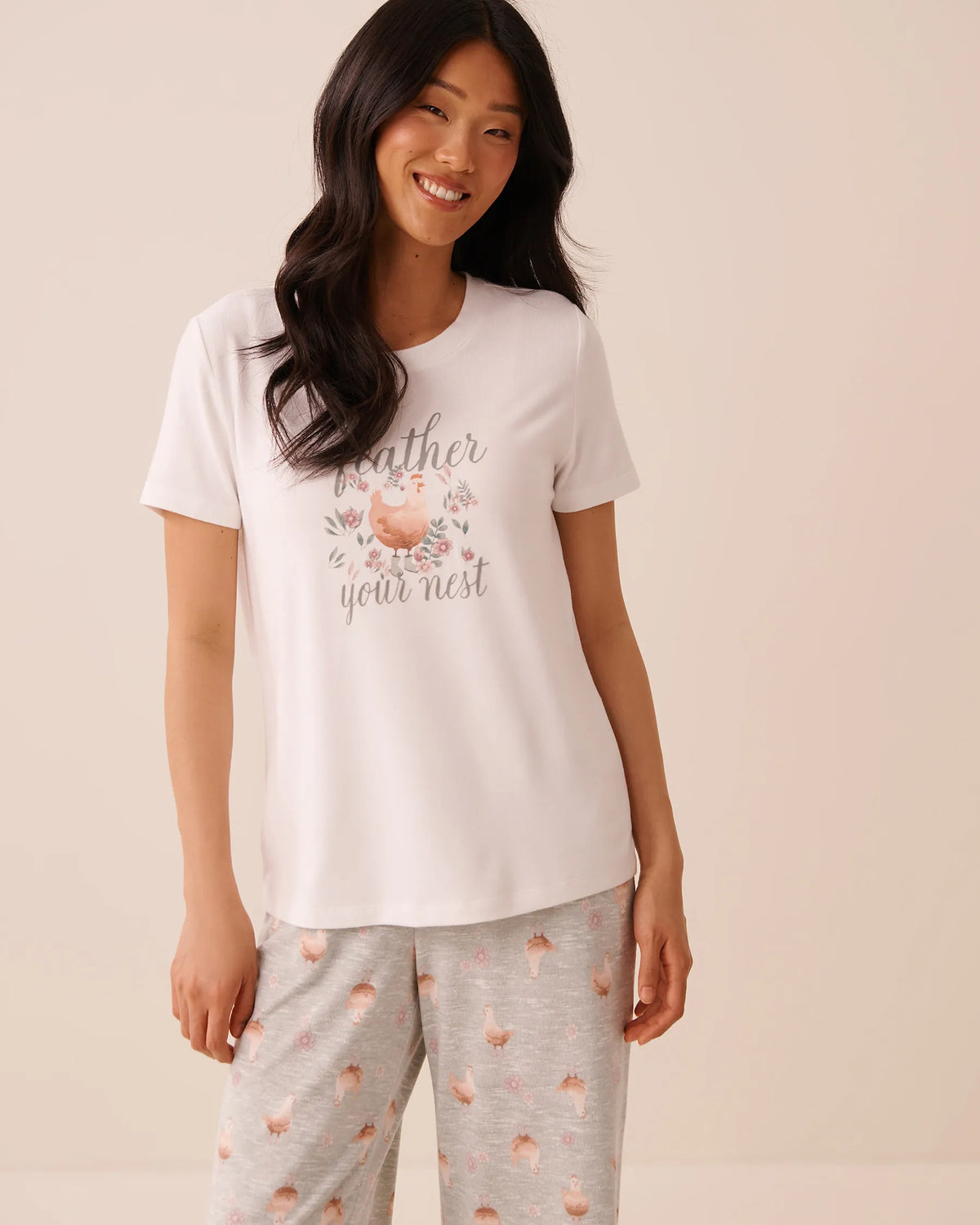 La Vie en Rose Snow White Women Chicken Print Soft Knit Short Sleeve T-Shirt SKU: 40100896_10011 Image 01