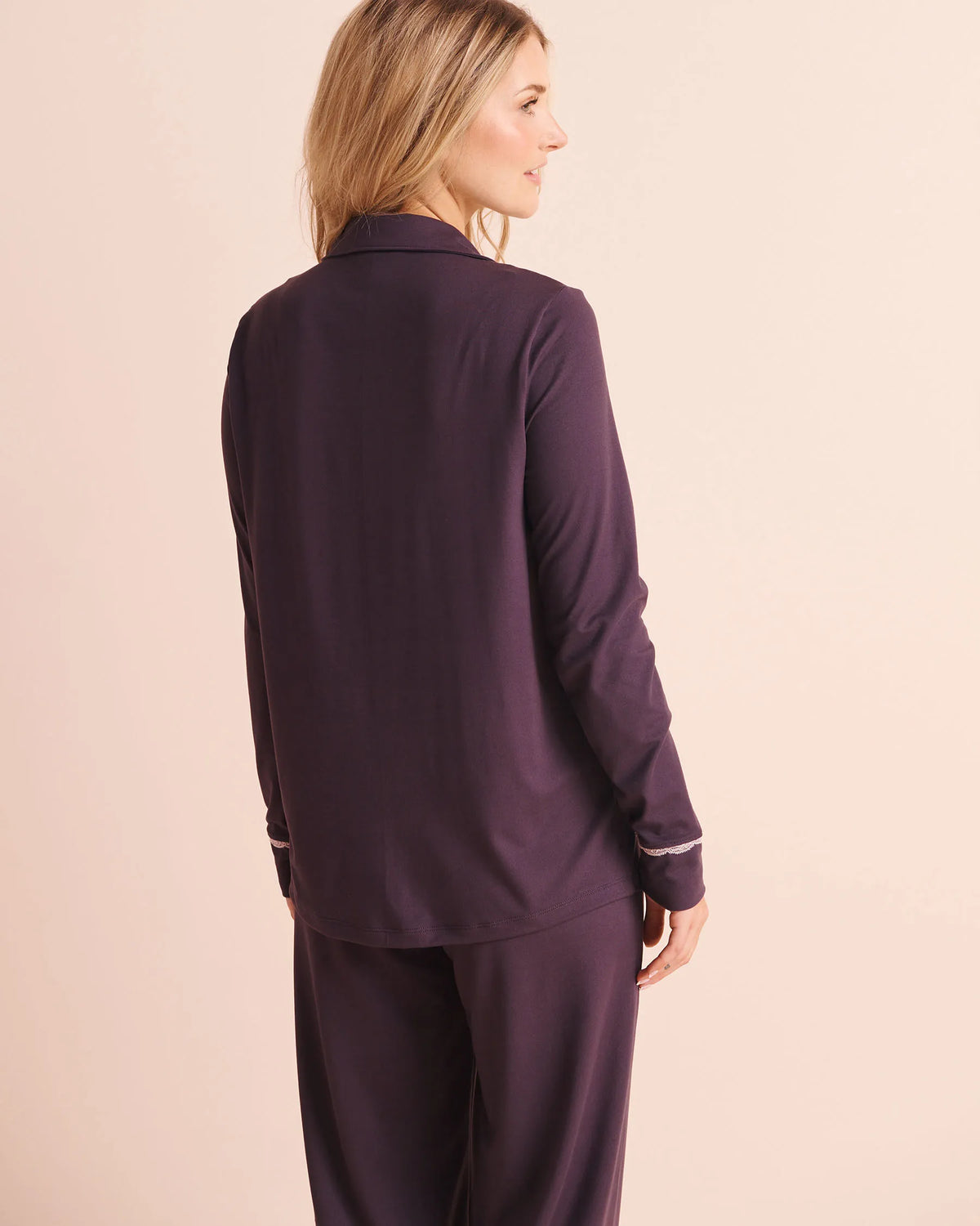 La Vie en Rose Plum Perfect Women Lace-Trim Super Soft Long Sleeve Button-Down Shirt SKU: 40100901_50103 Image 02