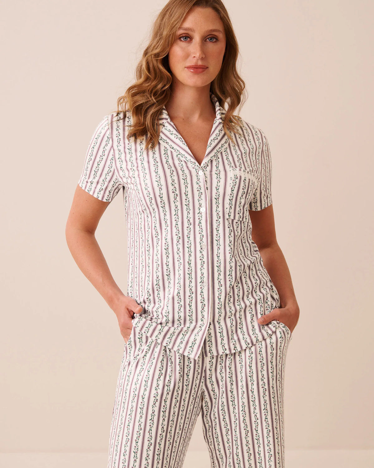 La Vie en Rose Elderberry Flower Stripe Women Floral Stripe Print Super Soft Short Sleeve Button-Down Shirt SKU: 40100905_P10647 Image 01