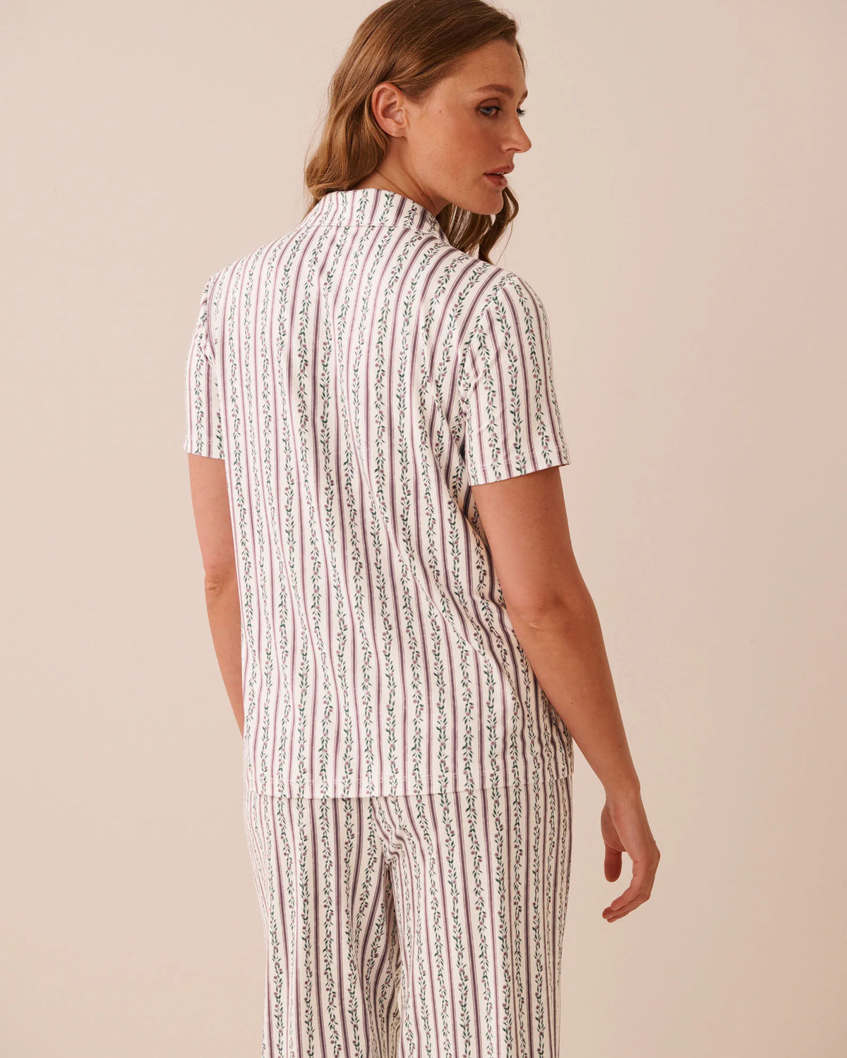 La Vie en Rose Elderberry Flower Stripe Women Floral Stripe Print Super Soft Short Sleeve Button-Down Shirt SKU: 40100905_P10647 Image 02