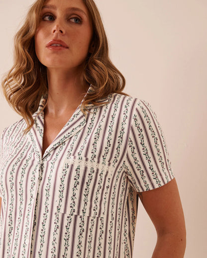 La Vie en Rose Elderberry Flower Stripe Women Floral Stripe Print Super Soft Short Sleeve Button-Down Shirt SKU: 40100905_P10647 Image 03