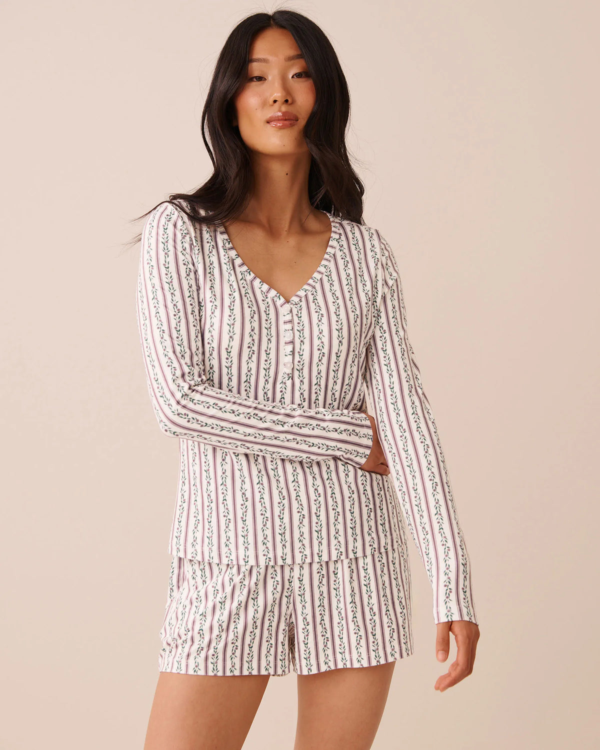 La Vie en Rose Elderberry Flower Stripe Women Floral Stripe Print Super Soft Long Sleeve Henley Top SKU: 40100906_P10647 Image 01