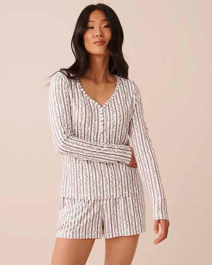 La Vie en Rose Elderberry Flower Stripe Women Floral Stripe Print Super Soft Long Sleeve Henley Top SKU: 40100906_P10647 Image 01