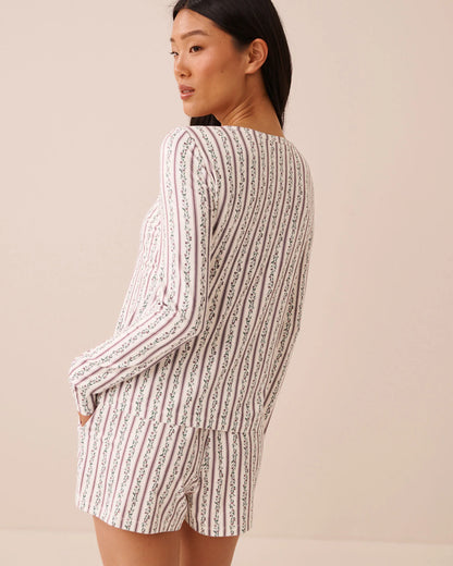 La Vie en Rose Elderberry Flower Stripe Women Floral Stripe Print Super Soft Long Sleeve Henley Top SKU: 40100906_P10647 Image 02