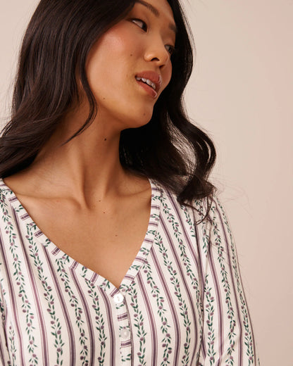 La Vie en Rose Elderberry Flower Stripe Women Floral Stripe Print Super Soft Long Sleeve Henley Top SKU: 40100906_P10647 Image 03