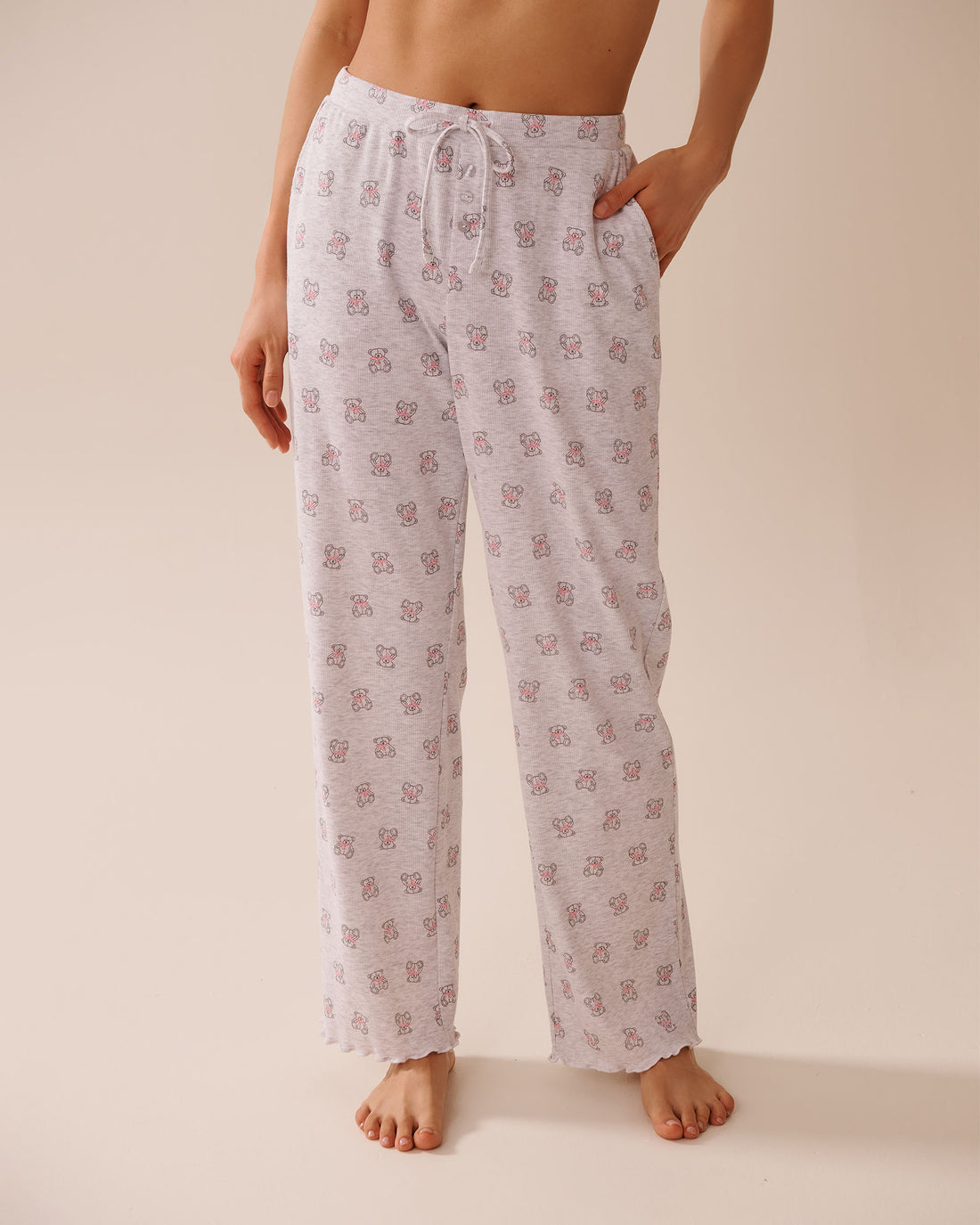 La Vie en Rose_Comfy Light Grey Mix Cowbears_Teddy Bear Print Ribbed Pajama Pants_40200744_P00433_01