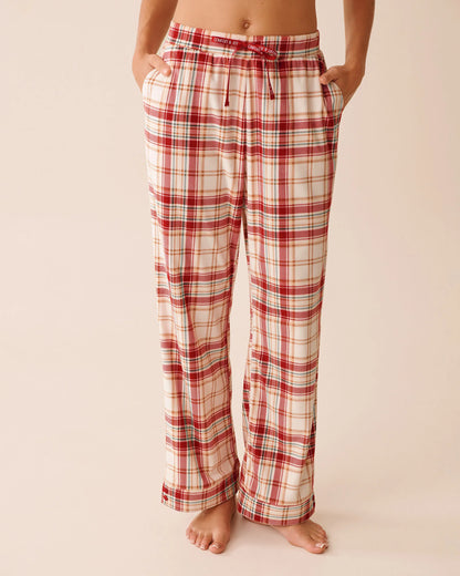 La Vie en Rose_Snow White Beige Plaid_Red &amp; Beige Plaid Soft Velour Pajama Pants_40200787_P10556_03