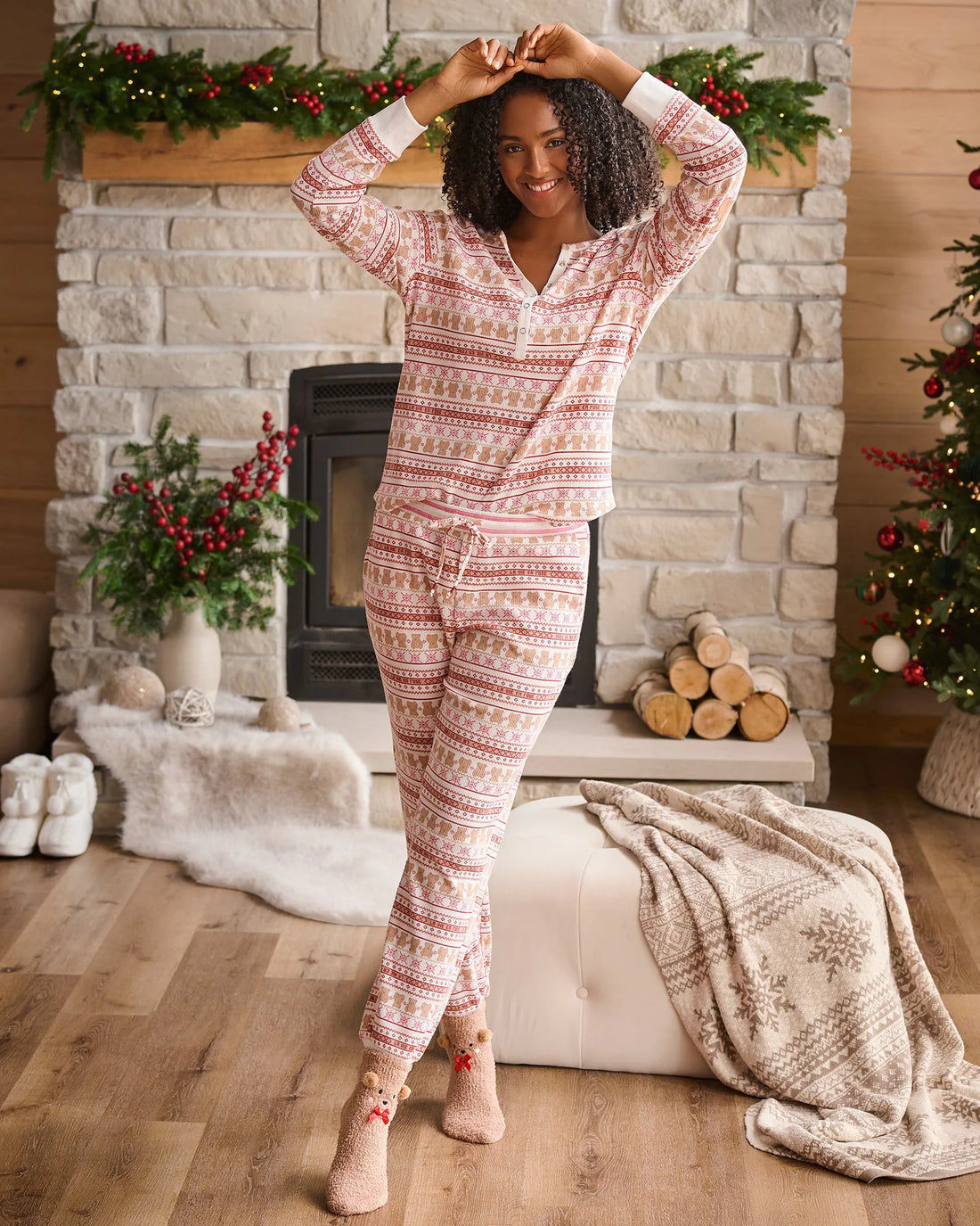 La Vie en Rose_Teddy Bear Nordic_Teddy Bear Print Waffle Knit Jogger Pajama Pants_40200789_P10557_01