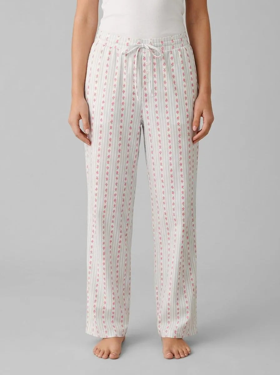 La Vie en Rose Snow White Rosette Stripe Women Rose Print Super Soft Pajama Pants SKU: 40200809_P10575 Image 00