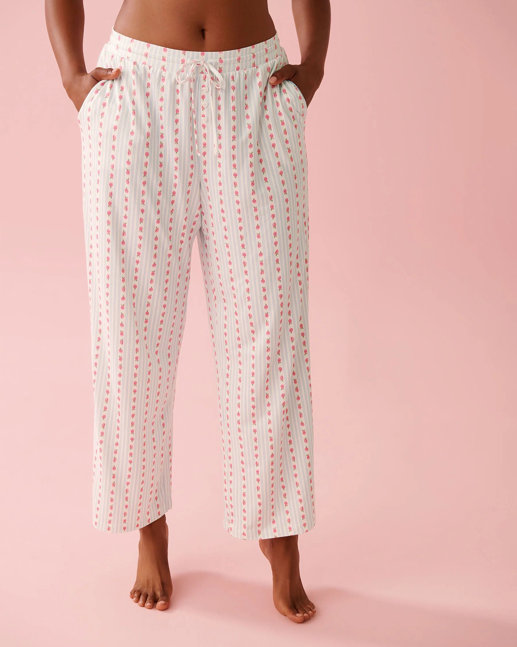 La Vie en Rose Snow White Rosette Stripe Women Rose Print Super Soft Pajama Pants SKU: 40200809_P10575 Image 03